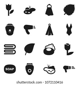 Flat vector icon set - soap vector, towel, leaf, swimsuite, tulip, pond, epilator, hair dryer