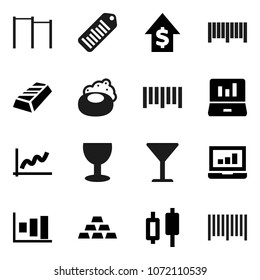 Flat vector icon set - soap vector, graph, gold ingot, japanese candle, laptop, dollar growth, horizontal bar, glass, barcode