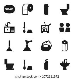 Flat vector icon set - soap vector, plunger, cleaner trolley, toilet, brush, cleaning agent, paper, water closet, sink