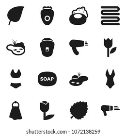 Flat vector icon set - soap vector, towel, leaf, swimsuite, tulip, pond, epilator, hair dryer