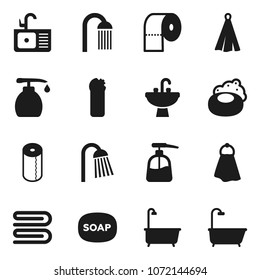 Flat vector icon set - soap vector, towel, bath, liquid, cleaning agent, toilet paper, shower, sink