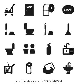 Flat vector icon set - soap vector, plunger, cleaner trolley, toilet, brush, cleaning agent, paper, water closet, sink