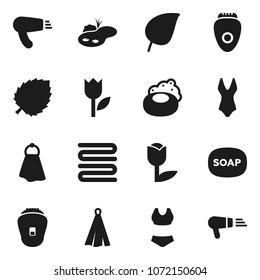 Flat vector icon set - soap vector, towel, leaf, swimsuite, tulip, pond, epilator, hair dryer