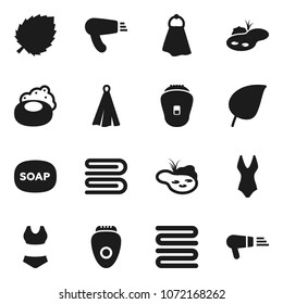 Flat vector icon set - soap vector, towel, leaf, swimsuite, pond, epilator, hair dryer