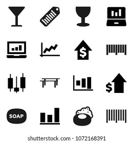 Flat vector icon set - soap vector, graph, japanese candle, laptop, dollar growth, horizontal bar, glass, barcode