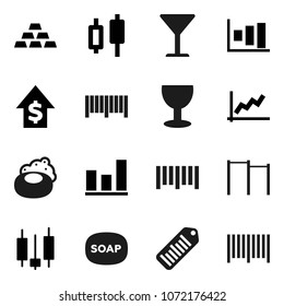 Flat vector icon set - soap vector, graph, japanese candle, dollar growth, gold ingot, horizontal bar, glass, barcode