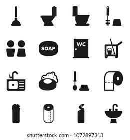Flat vector icon set - soap vector, plunger, cleaner trolley, toilet, brush, cleaning agent, paper, water closet, sink