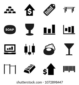 Flat vector icon set - soap vector, graph, gold ingot, japanese candle, laptop, dollar growth, horizontal bar, glass, barcode