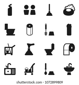 Flat vector icon set - soap vector, plunger, cleaner trolley, toilet, brush, cleaning agent, paper, water closet, sink