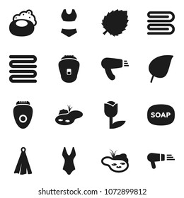 Flat vector icon set - soap vector, towel, leaf, swimsuite, tulip, pond, epilator, hair dryer