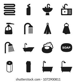 Flat vector icon set - soap vector, towel, bath, liquid, cleaning agent, toilet paper, shower, sink