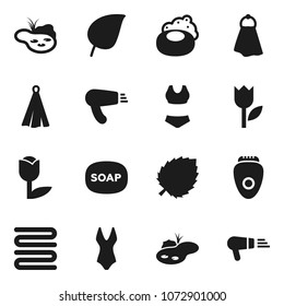 Flat vector icon set - soap vector, towel, leaf, swimsuite, tulip, pond, epilator, hair dryer