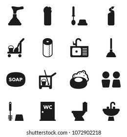 Flat vector icon set - soap vector, plunger, cleaner trolley, toilet, brush, cleaning agent, paper, water closet, sink