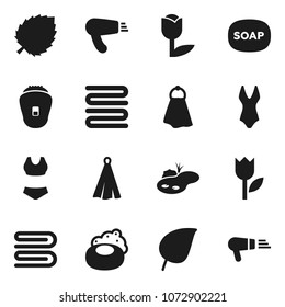 Flat vector icon set - soap vector, towel, leaf, swimsuite, tulip, pond, epilator, hair dryer