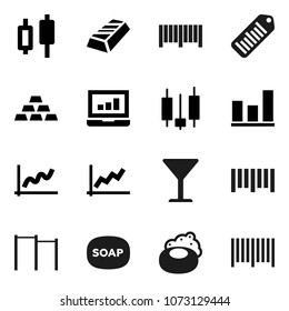 Flat vector icon set - soap vector, graph, gold ingot, japanese candle, laptop, horizontal bar, glass, barcode