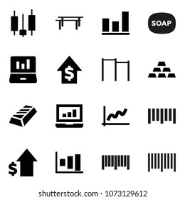 Flat vector icon set - soap vector, graph, gold ingot, japanese candle, laptop, dollar growth, horizontal bar, barcode