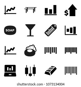 Flat vector icon set - soap vector, graph, gold ingot, japanese candle, laptop, dollar growth, horizontal bar, glass, barcode