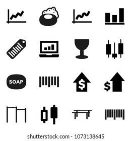 Flat vector icon set - soap vector, graph, japanese candle, laptop, dollar growth, horizontal bar, glass, barcode