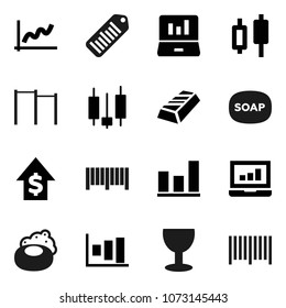 Flat vector icon set - soap vector, graph, gold ingot, japanese candle, laptop, dollar growth, horizontal bar, glass, barcode