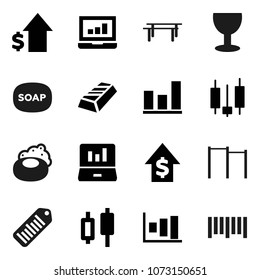 Flat vector icon set - soap vector, graph, gold ingot, japanese candle, laptop, dollar growth, horizontal bar, glass, barcode