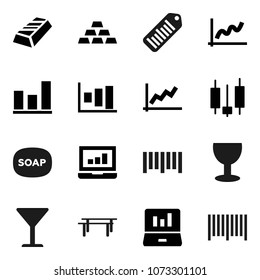 Flat vector icon set - soap vector, graph, gold ingot, japanese candle, laptop, horizontal bar, glass, barcode
