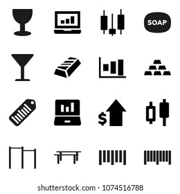 Flat vector icon set - soap vector, graph, gold ingot, japanese candle, laptop, dollar growth, horizontal bar, glass, barcode