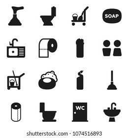 Flat vector icon set - soap vector, plunger, cleaner trolley, toilet, cleaning agent, paper, water closet, sink