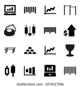 Flat vector icon set - soap vector, graph, japanese candle, laptop, dollar growth, gold ingot, horizontal bar, glass, barcode