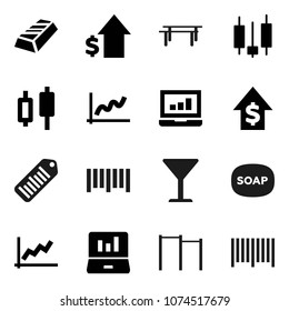 Flat vector icon set - soap vector, graph, gold ingot, japanese candle, laptop, dollar growth, horizontal bar, glass, barcode