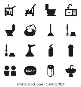 Flat vector icon set - soap vector, plunger, cleaner trolley, toilet, brush, cleaning agent, paper, water closet, sink