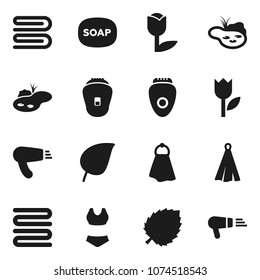 Flat vector icon set - soap vector, towel, leaf, swimsuite, tulip, pond, epilator, hair dryer