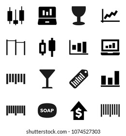 Flat vector icon set - soap vector, graph, japanese candle, laptop, dollar growth, horizontal bar, glass, barcode
