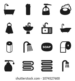 Flat vector icon set - soap vector, towel, bath, liquid, cleaning agent, toilet paper, shower, sink