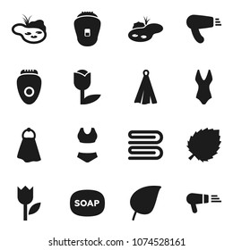 Flat vector icon set - soap vector, towel, leaf, swimsuite, tulip, pond, epilator, hair dryer