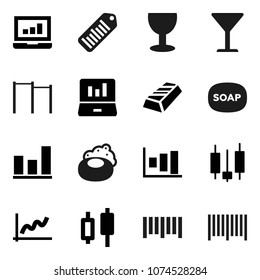 Flat vector icon set - soap vector, graph, gold ingot, japanese candle, laptop, horizontal bar, glass, barcode