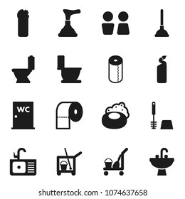 Flat vector icon set - soap vector, plunger, cleaner trolley, toilet, brush, cleaning agent, paper, water closet, sink
