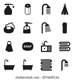 Flat vector icon set - soap vector, towel, bath, liquid, cleaning agent, toilet paper, shower, sink