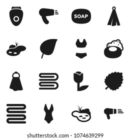Flat vector icon set - soap vector, towel, leaf, swimsuite, tulip, pond, epilator, hair dryer