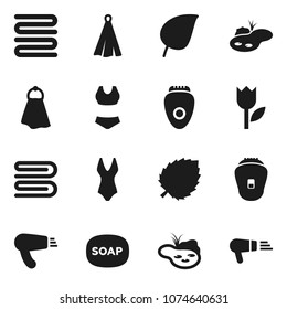 Flat vector icon set - soap vector, towel, leaf, swimsuite, tulip, pond, epilator, hair dryer