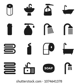 Flat vector icon set - soap vector, towel, bath, liquid, cleaning agent, toilet paper, shower, sink