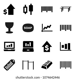 Flat vector icon set - soap vector, graph, gold ingot, japanese candle, laptop, dollar growth, horizontal bar, glass, barcode