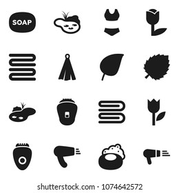 Flat vector icon set - soap vector, towel, leaf, swimsuite, tulip, pond, epilator, hair dryer