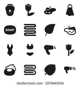 Flat vector icon set - soap vector, towel, leaf, swimsuite, tulip, pond, epilator, hair dryer