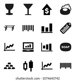 Flat vector icon set - soap vector, graph, japanese candle, laptop, dollar growth, gold ingot, horizontal bar, glass, barcode