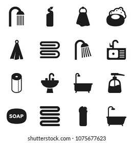 Flat vector icon set - soap vector, towel, bath, liquid, cleaning agent, toilet paper, shower, sink
