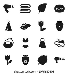 Flat vector icon set - soap vector, towel, leaf, swimsuite, tulip, pond, epilator, hair dryer