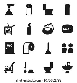 Flat vector icon set - soap vector, plunger, cleaner trolley, toilet, brush, cleaning agent, paper, water closet, sink