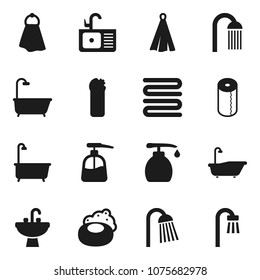 Flat vector icon set - soap vector, towel, bath, liquid, cleaning agent, toilet paper, shower, sink