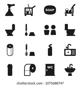 Flat vector icon set - soap vector, plunger, cleaner trolley, toilet, brush, cleaning agent, paper, water closet, sink