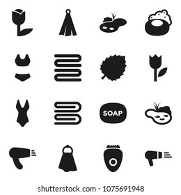 Flat vector icon set - soap vector, towel, leaf, swimsuite, tulip, pond, epilator, hair dryer